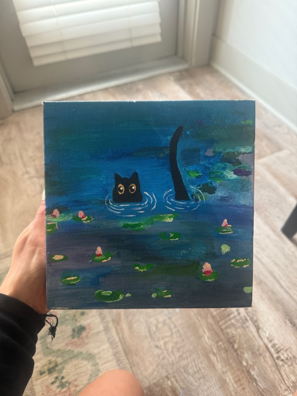Hand-Painted Cat in Pond Canvas - Blue & Green